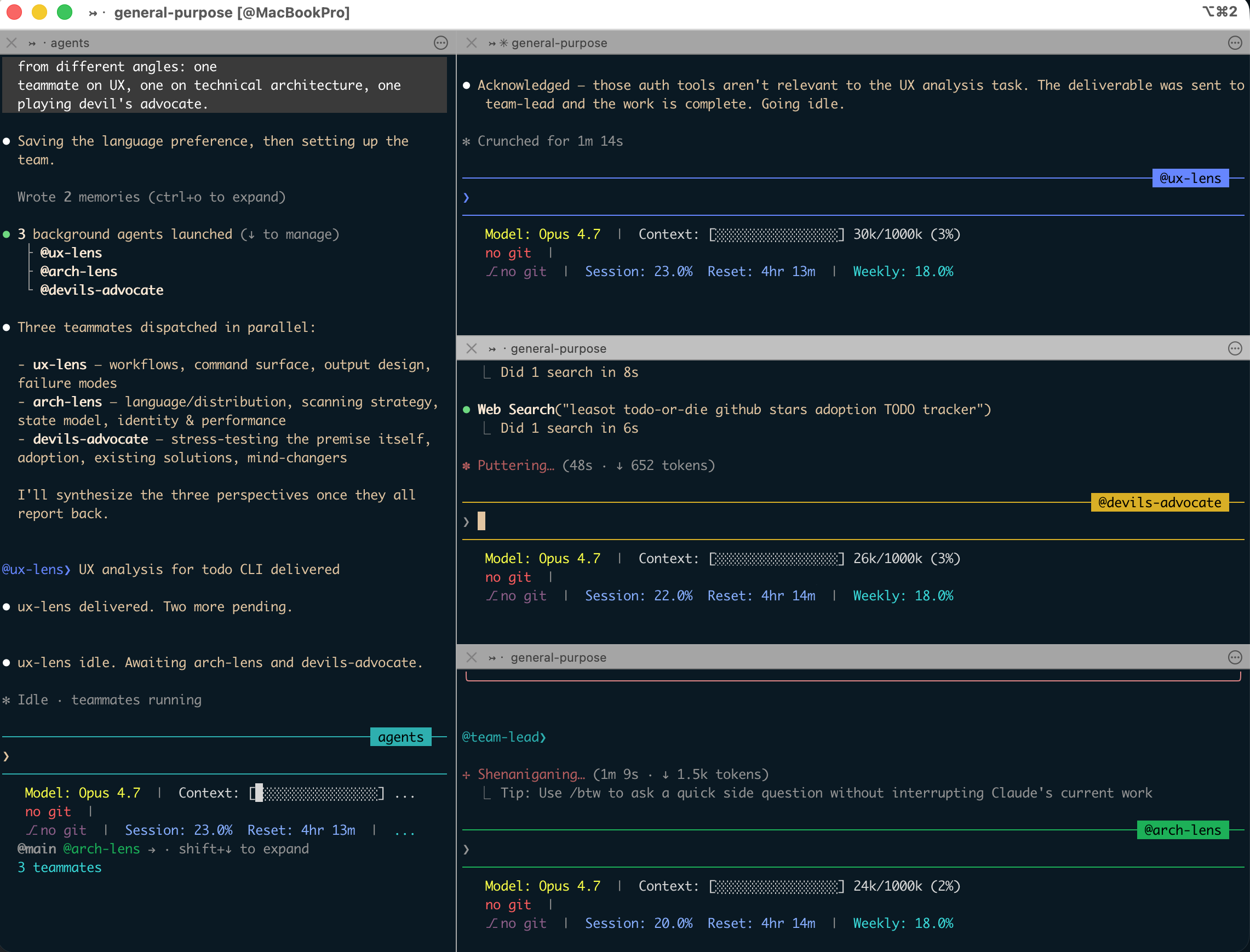 iTerm2에서 tmux -CC로 진입한 뒤 에이전트 팀 팀원들이 각각 별도의 분할 창으로 열린 모습